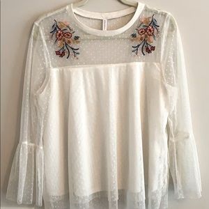 Ivory bell sleeve top with floral detail